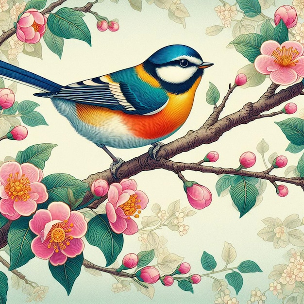 PSD imagen premium de un pájaro de colores brillantes sentado en una rama de un árbol con flores