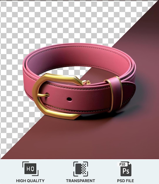 La imagen presenta un cinturón de cuero rosado con un mango de metal y oro acompañado de una correa de cuero rosa. el cinturón se coloca en una mesa rosada con una sombra negra en el fondo.