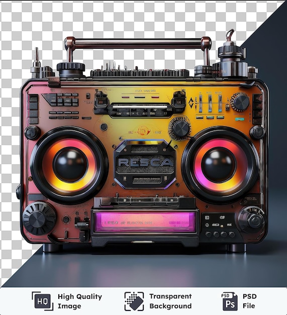 PSD la imagen presenta una colección de equipos de audio antiguos, incluida una radio amarilla dispuesta de izquierda a derecha. el equipo incluye un estéreo, un tocadiscos y un micrófono.