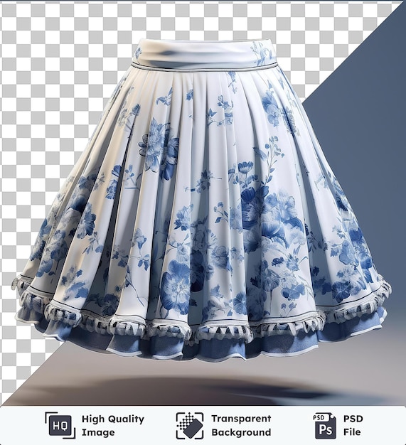 La imagen presenta un vestido blanco y azul con una parte superior blanca y una falda blanca y azul que arroja una sombra oscura el vestido está adornado con una flor azul y una flor blanca y azul