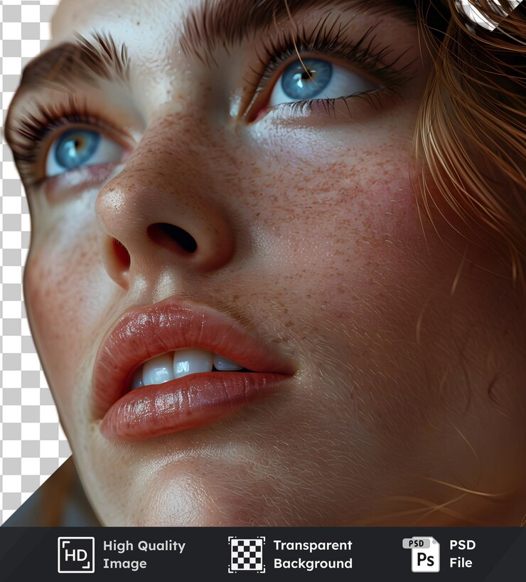 PSD imagen de primer plano muestra pecas ojos azules y labios de una mujer retrato de belleza aislado detallado sk