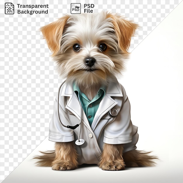 Imagen psd fotográfica realista veterinarios clínica de mascotas con un perro pequeño con orejas marrones ojos y una nariz negra con un abrigo blanco y un botón blanco