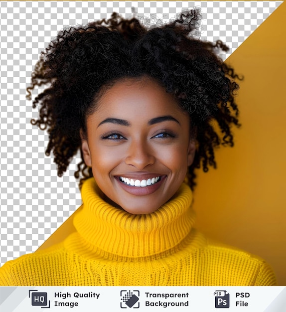 PSD imagen psd joven hermosa mujer afroamericana con suéter de cuello alto sobre amarillo sonriendo y riendo fuerte en voz alta porque graciosa broma loca con las manos en el cuerpo