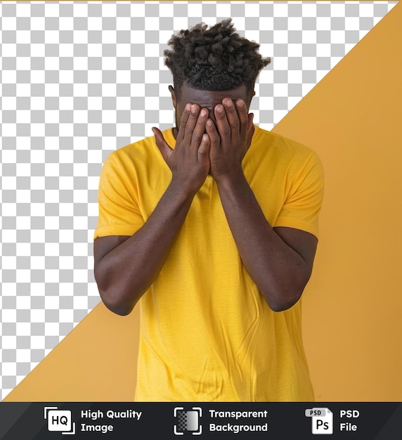 PSD imagen psd joven hombre guapo con camiseta amarilla casual de pie con expresión triste cubriendo la cara con las manos mientras llora concepto de depresión