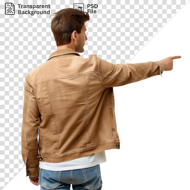 PSD imagen psd joven hombre guapo de pie y señalando a un objeto con una chaqueta marrón y pantalones vaqueros azules con cabello corto marrón y una oreja pequeña visible