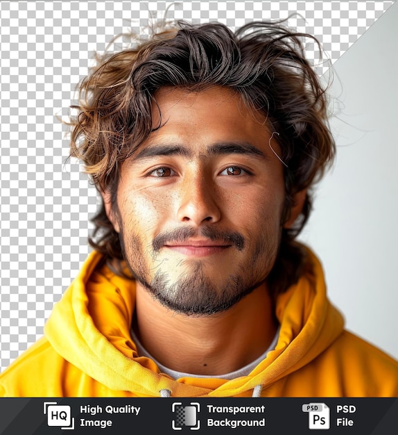 PSD imagen de psd de un joven sonriente con cabello marrón nariz grande y ojos marrones en sudadera amarilla