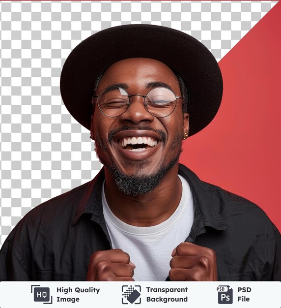 PSD imagen psd joven sonriente feliz encantado divertido hombre afroamericano de veinte años que lleva elegante camiseta de sombrero negro gafas hacer gesto ganador cerrar el puño celebrando decir sí elegante hombre negro con