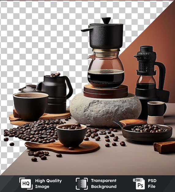 PSD imagen de psd juego de elaboración de café tazas de café y granos en un fondo transparente contra una pared roja con una cuchara de madera y mango negro visible en primer plano