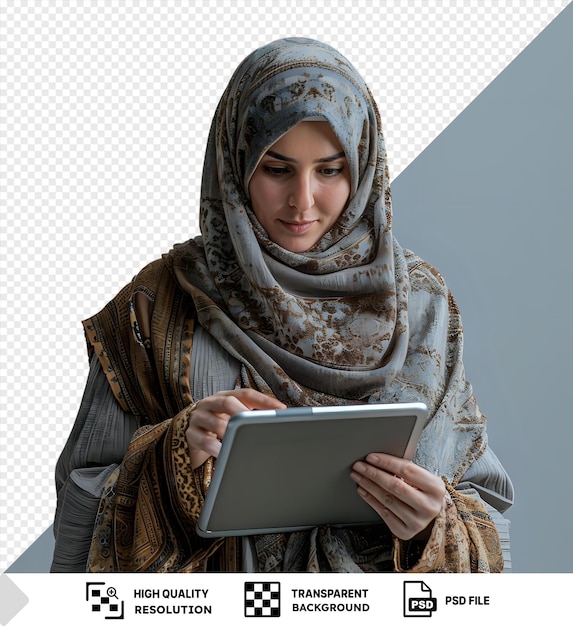 Imagen de psd mujer árabe en un velo con una tableta carpeta png psd