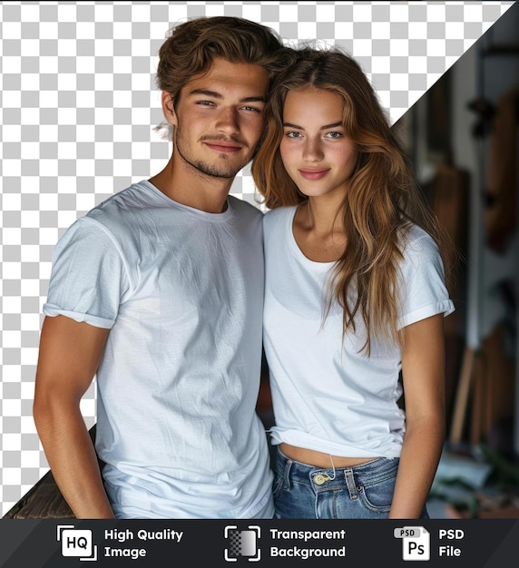 PSD imagen de psd premium transparente joven pareja linda en camisetas blancas y vaqueros azules de pie en el nuevo apartamento y regocijarse en la felicidad