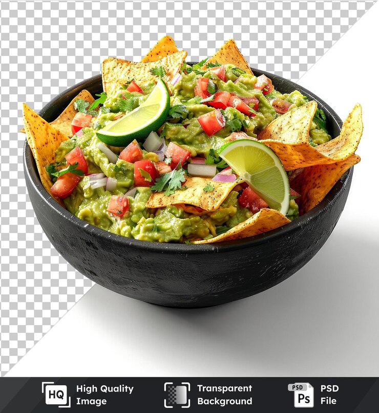 PSD imagen de psd premium transparente de una maqueta de cuenco de guacamole con cuñas de lima de nachos y papas fritas de tortilla