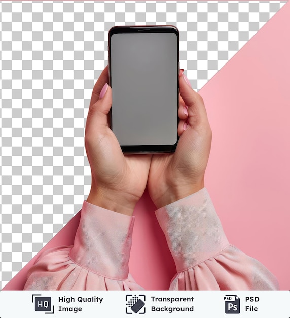 PSD imagen de psd premium transparente mujer con la mano sosteniendo el teléfono inteligente negro con pantalla en blanco y diseño moderno sin marco en dos posiciones de perspectiva giradas