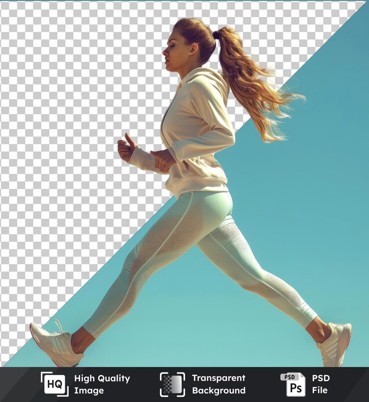 PSD imagen psd transparente de una atleta corriendo bajo un cielo azul con el cabello fluido y zapatos blancos