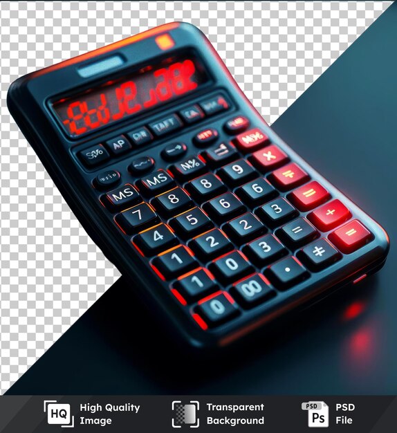 PSD imagen psd transparente de una calculadora con botones rojos y negros que muestran el número digital rojo y