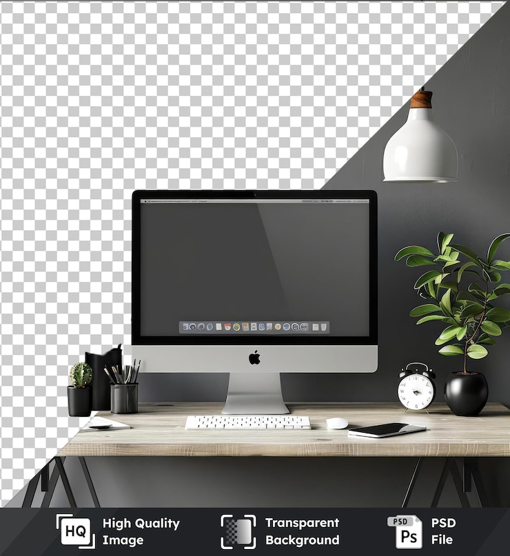 PSD imagen psd transparente de un escritorio con diseño de maqueta de computadora planta de teclado de reloj contra una pared