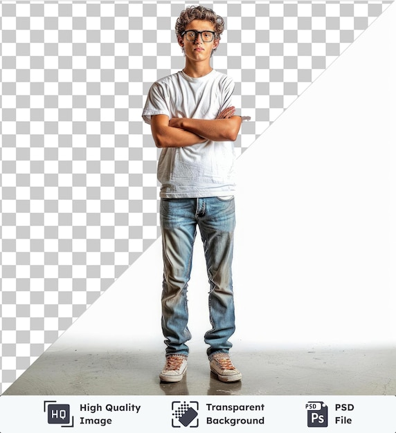 Imagen de psd transparente foto de cuerpo entero de un chico moreno joven y lindo mira el anuncio usa gafas camiseta jeans zapatillas de deporte