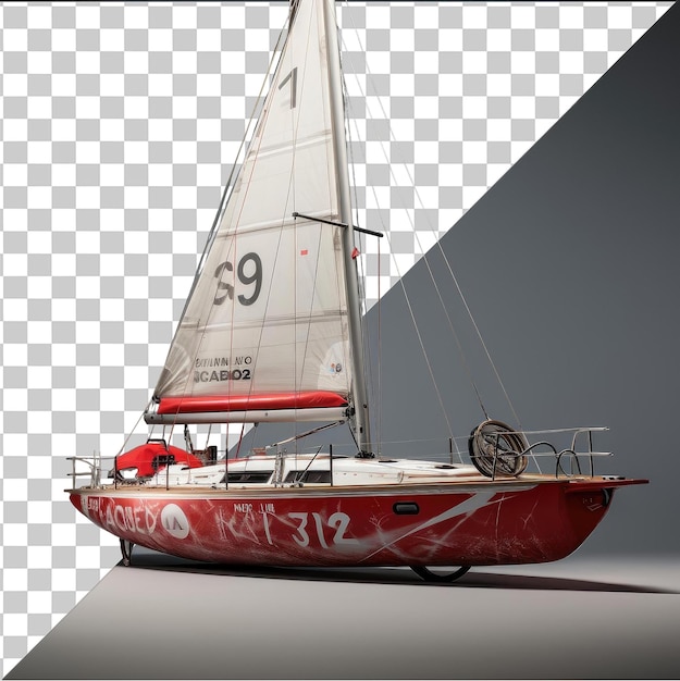 PSD imagen psd transparente fotográfica realista capitán de yate _ s carrera de yate un barco blanco y rojo con una vela blanca y número negro establecido contra un cielo oscuro