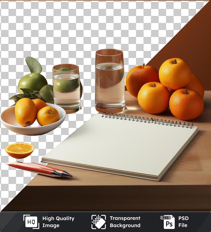 PSD imagen psd transparente fotográfica realista dietista plan de comidas naranjas agua y un cuaderno en una mesa de madera marrón acompañado de un cuenco blanco de vidrio claro y