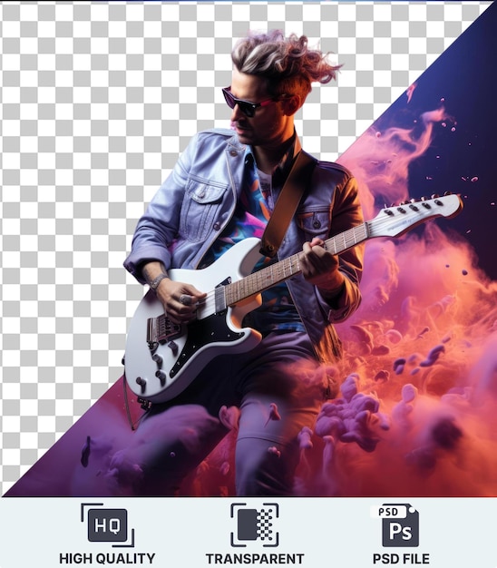 PSD imagen de psd transparente del guitarrista eléctrico en 3d en una actuación en solitario
