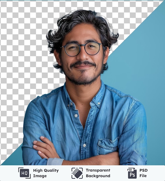 PSD imagen de psd transparente joven hispano con camisa azul y gafas mirando a la cámara con una sonrisa positiva y confiada con los brazos cruzados