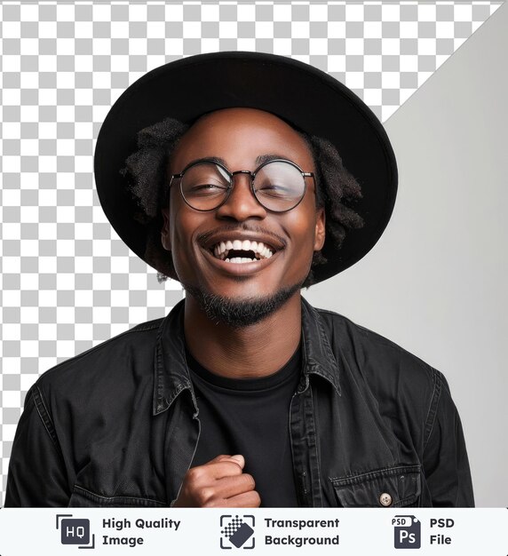 PSD imagen de psd transparente joven sonriente feliz encantado divertido hombre afroamericano de veinte años que lleva elegante camiseta de sombrero negro gafas hacer ganador gesto cerrar el puño celebrando decir sí elegante hombre negro