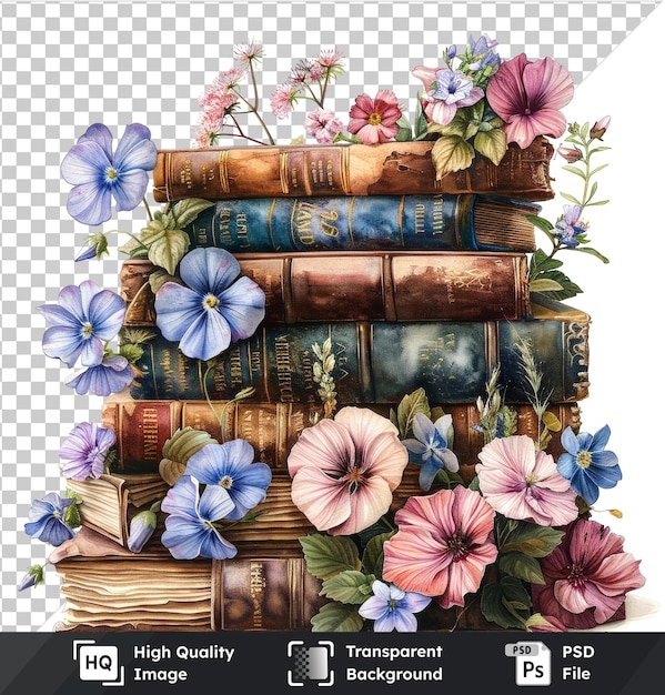 Imagen PSD transparente de libros con flores de primavera en un fondo aislado
