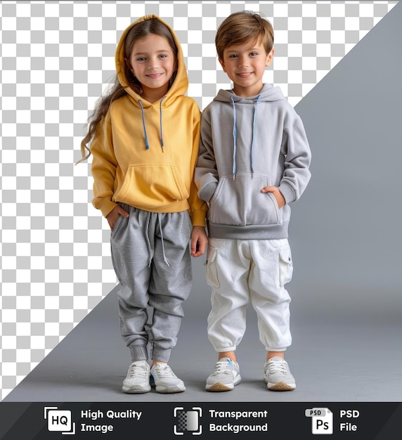 PSD imagen de psd transparente de longitud completa vista de un niño y una niña sonrientes y bonitos en ropa deportiva de pie juntos aislados en niños grises concepto deportivo