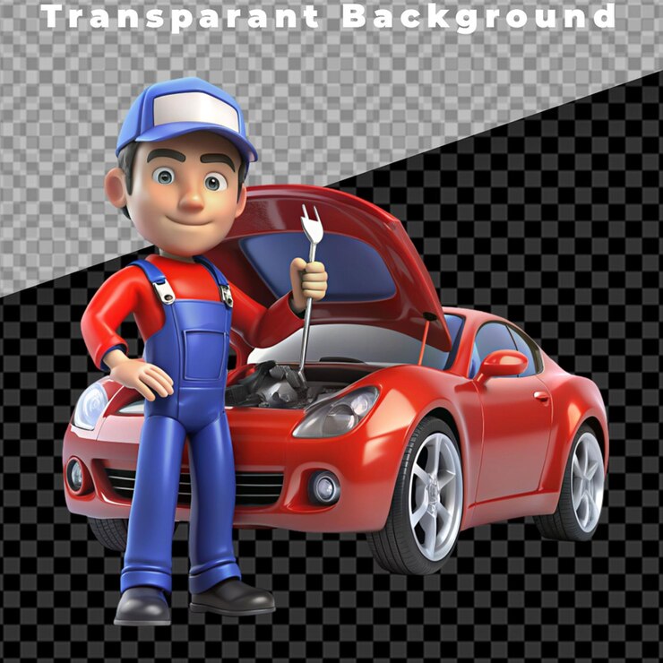 PSD imagen psd transparente mecánico de coches de carreras 3d de dibujos animados afinando un coche de alto rendimiento