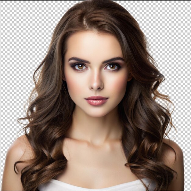 PSD imagen de psd transparente mujer joven morena alegre retrato de belleza maquillaje perfecto cabello largo chic elegante pruebas de modelo