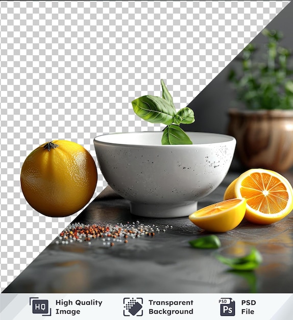 Imagen psd transparente de naranjas en un cuenco blanco rodeadas de plantas contra el gris-negro
