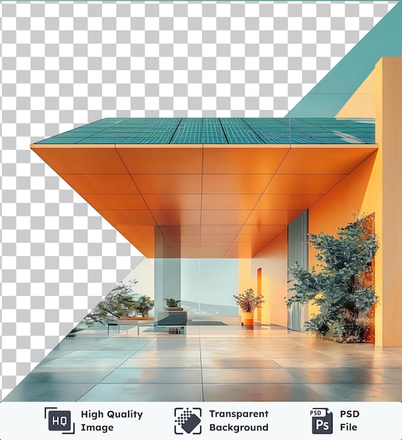 PSD imagen de psd transparente paneles solares flexibles maqueta de un edificio rodeado de exuberante vegetación, incluida una planta en maceta de árbol y una maceta de naranja bajo un cielo azul claro