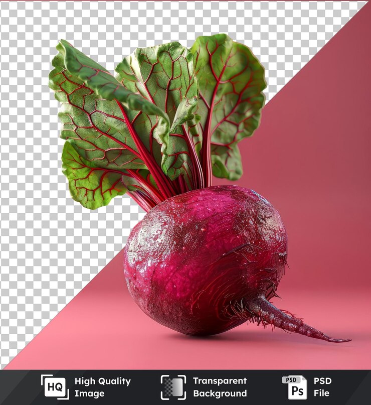 PSD imagen de psd transparente de remolacha roja fresca png y hojas verdes sobre un fondo rosado
