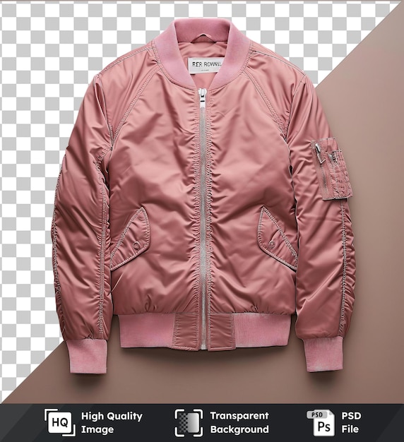 PSD imagen psd vista delantera captura una chaqueta de bombardero pink materiales técnicos etiqueta de tela
