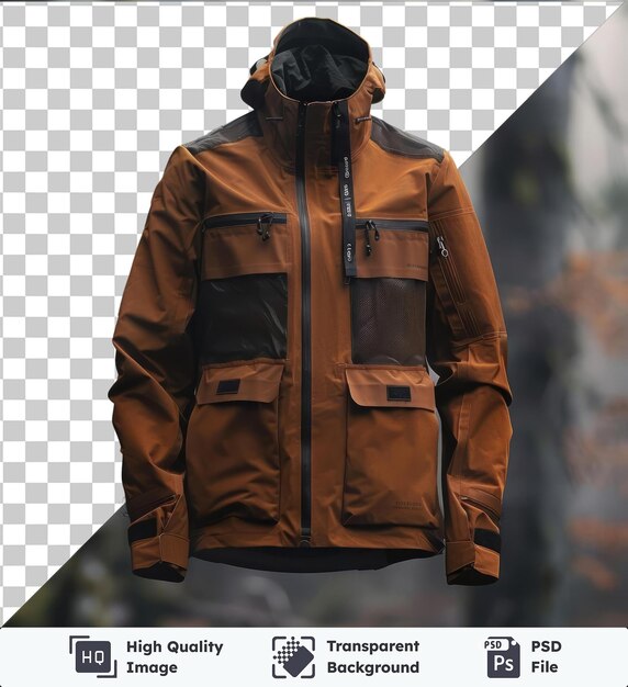 PSD imagen psd vista frontal capturar una chaqueta premium cobre materiales técnicos tela etiqueta material material material material