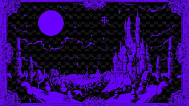 Una imagen púrpura y azul de un castillo con un castillo en la parte superior