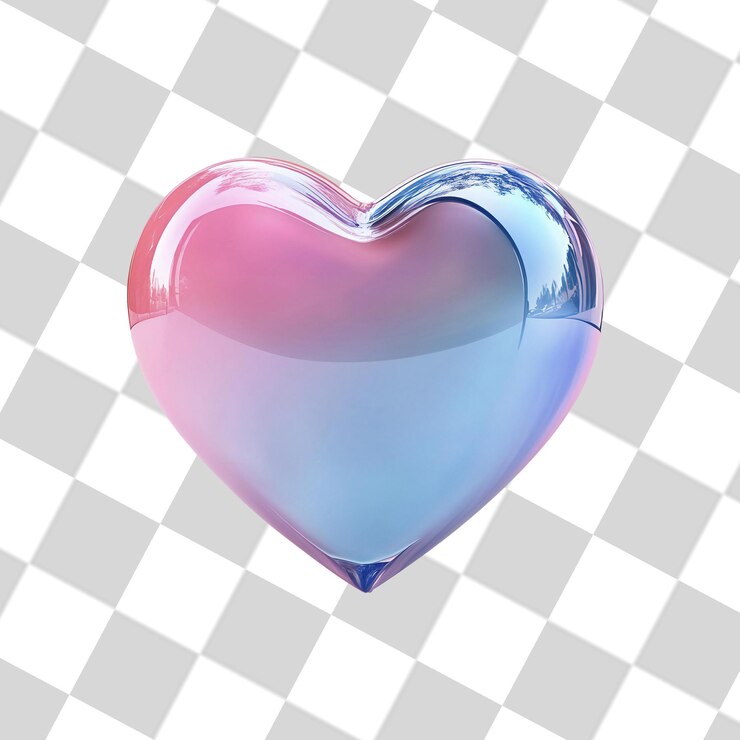 Una imagen renderizada en 3D muestra un objeto en forma de corazón con una imagen transparente de gradiente rosa a azul