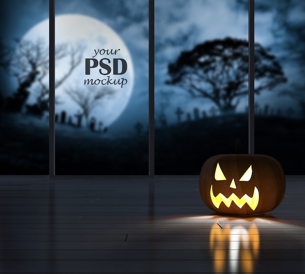 PSD imagen de renderizado 3d de cabeza de calabaza en el cuarto oscuro con maqueta de vista de ventana