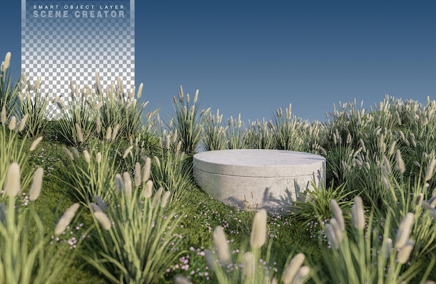 Una imagen de renderizado 3d de la exhibición del producto en el campo de hierba
