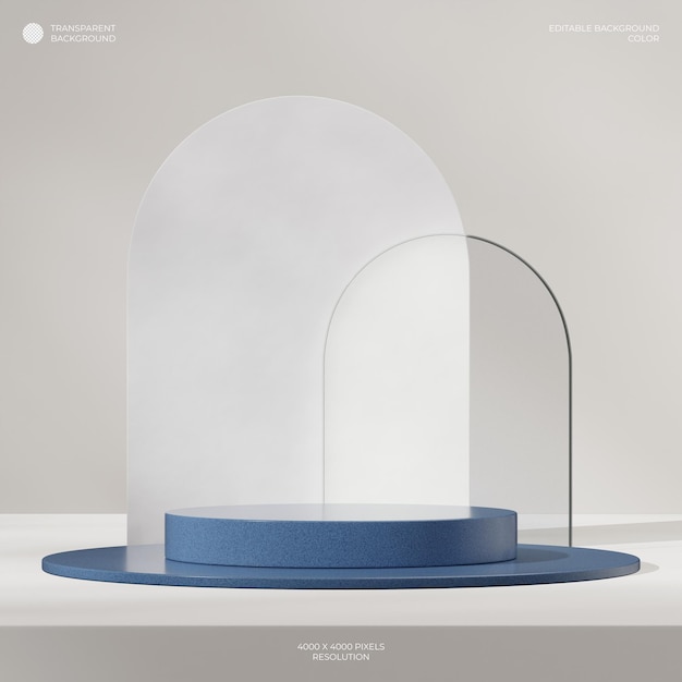 Imagen de renderizado 3d fondo transparente de podio de granito azul en cuadrado con arco blanco y vidrio