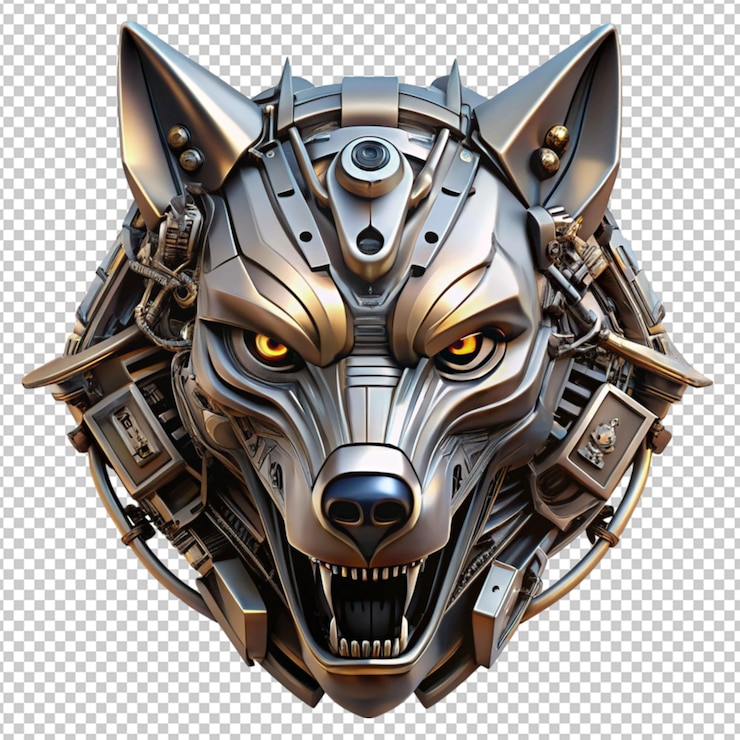 PSD imagen de un robot con cabeza de lobo enojado hecho de cyborg de metal