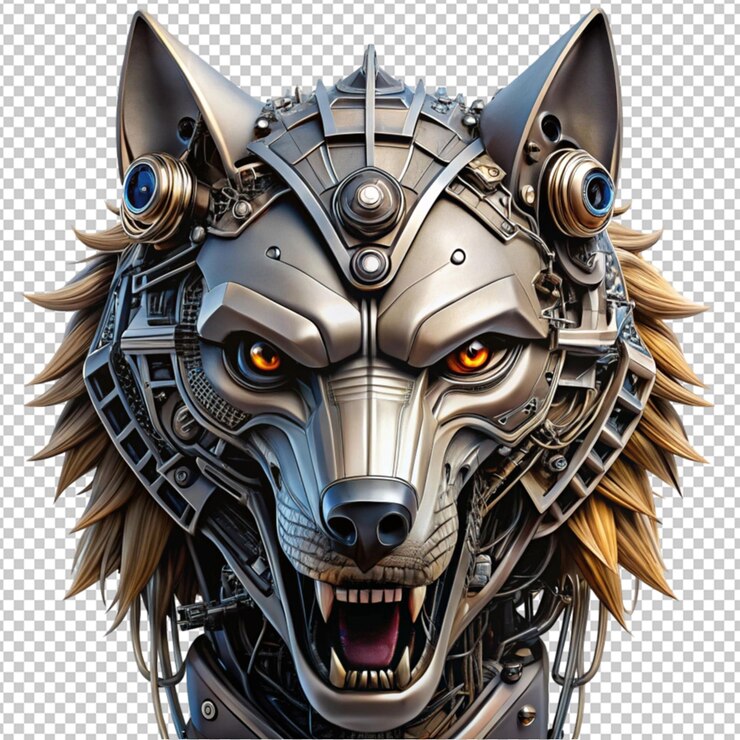 PSD imagen de un robot con cabeza de lobo enojado hecho de cyborg de metal