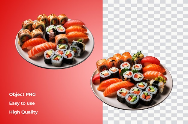 PSD una imagen de sushi y sushi en un plato con las palabras sushi en él