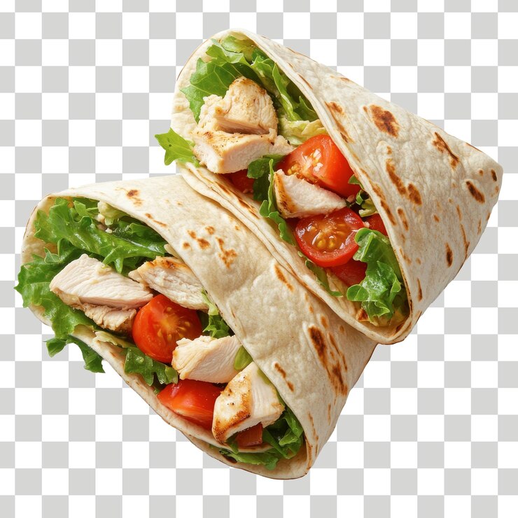 una imagen de un taco que tiene pollo y tomates en él