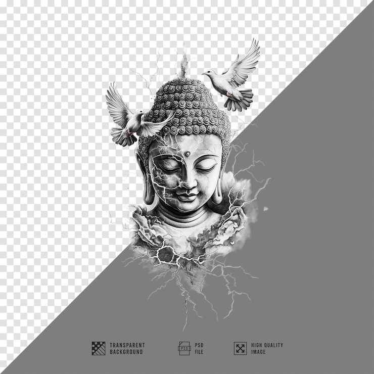 PSD imagen del tatuaje de la cabeza de buda con paloma volando sin fondo calidad hd