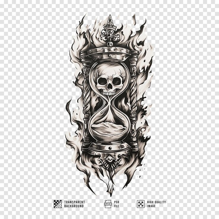 PSD imagen de tatuaje de reloj de arena con humo y fuego sin fondo calidad hd