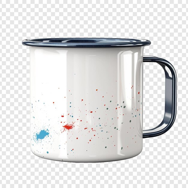 PSD la imagen de la taza de esmalte colocada en una caja con decoraciones simples aisladas en un fondo transparente