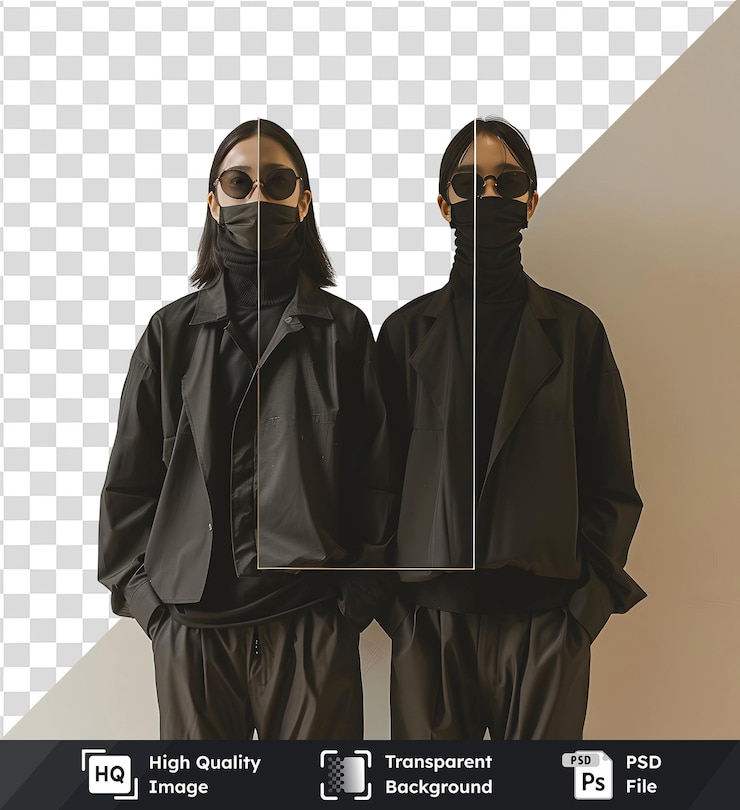 PSD imagen transparente de alta calidad de modelos con chaquetas negras y gafas de sol dos mujeres posan con estilo