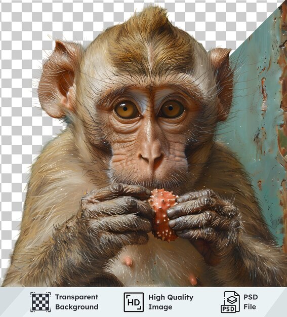 Imagen transparente de alta calidad de un mono comiendo fruta contra un fondo de teal rústico detallado P