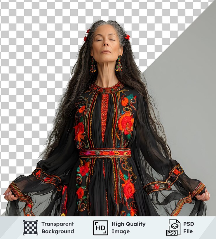 PSD imagen transparente de alta calidad de una mujer con vestido bordado posando con gracia con el cabello largo se