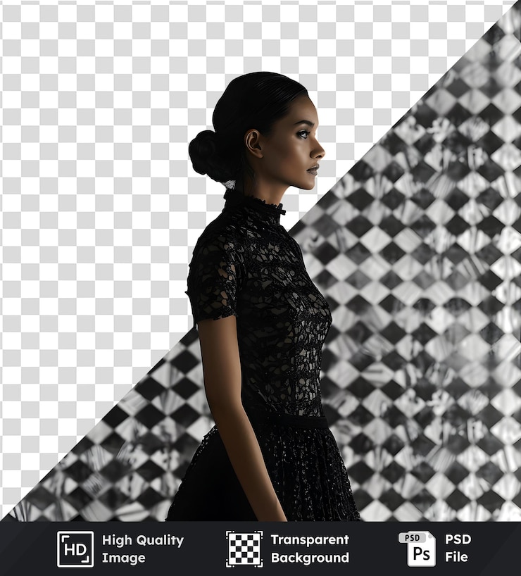 PSD imagen transparente de alta calidad de una mujer con un vestido de encaje negro posando con gracia contra una geometría
